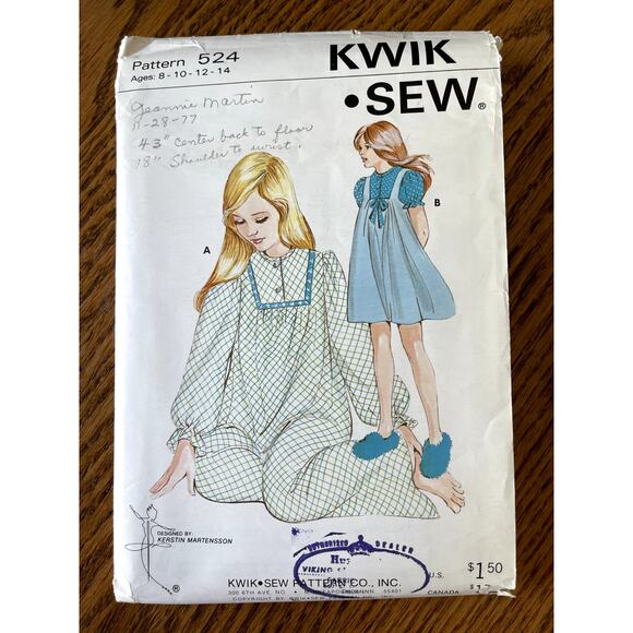 Vintage 1970s Kwik Sew 524 Sewing Pattern Size 8 - 14 Girls Nightgown COMPLETE - Picture 1 of 2